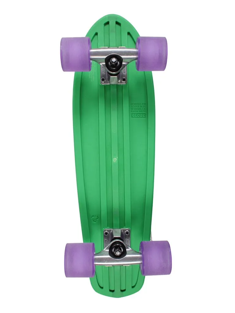 Green Bantam skateboard with purple wheels, viewed from above against a white background, giving off serious Retro Ripper vibes.