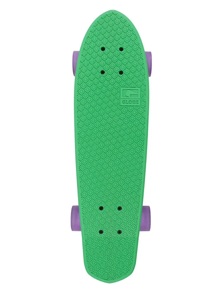 Retro Ripper green skateboard with a textured surface and purple wheels, viewed from above.