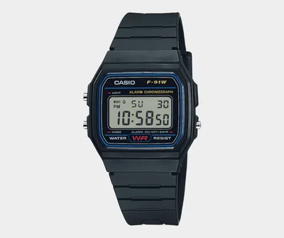 A black Casio F91 digital wristwatch displaying the time 10:58:30 on its screen, known for zero updates over thirty-five years.