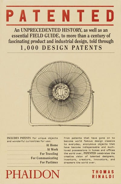 A beige paper book cover with a fan illustration and bold red “PATENTED” text, plus black and red descriptive text, hints at a thousand ideas waiting inside.