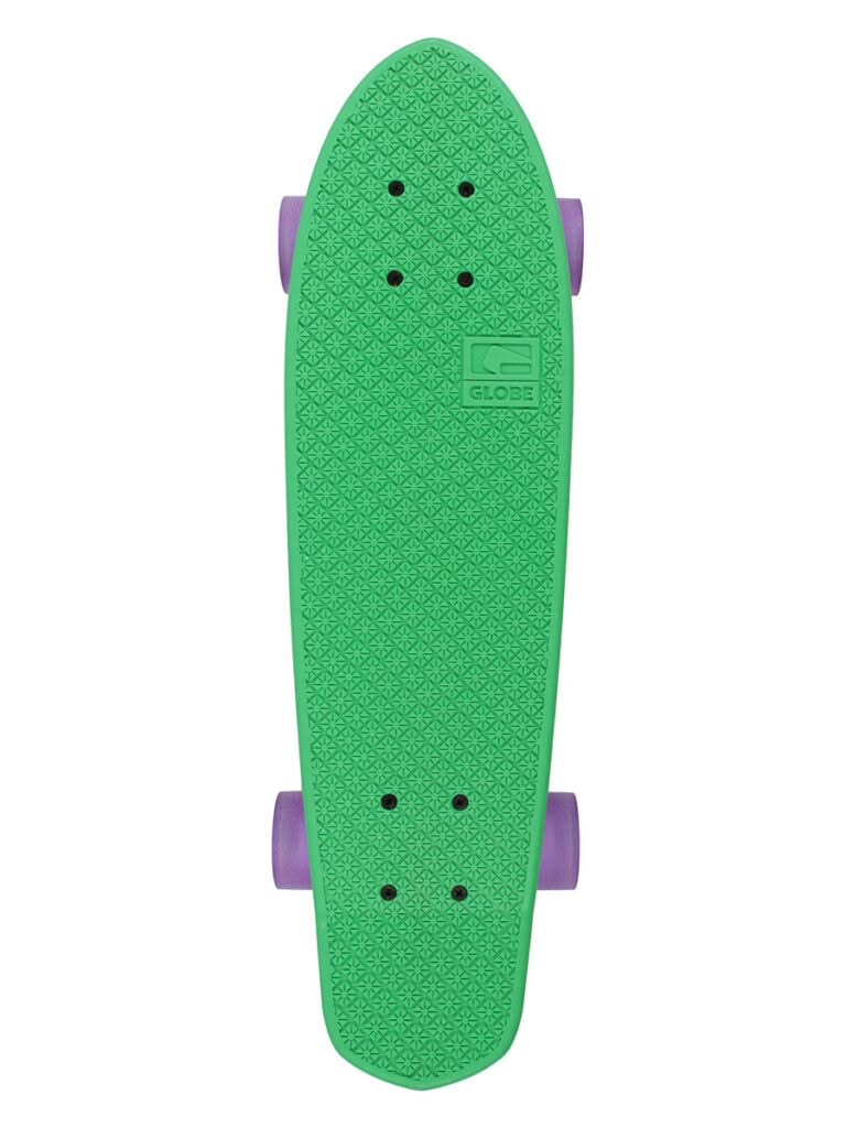 Retro Ripper green skateboard with a textured surface and purple wheels, viewed from above.